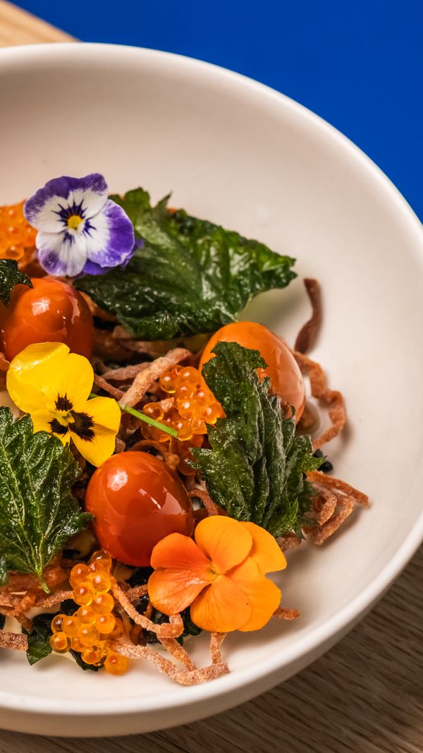 Arbëreshë easter basket, red quail eggs, jufka, trout roe